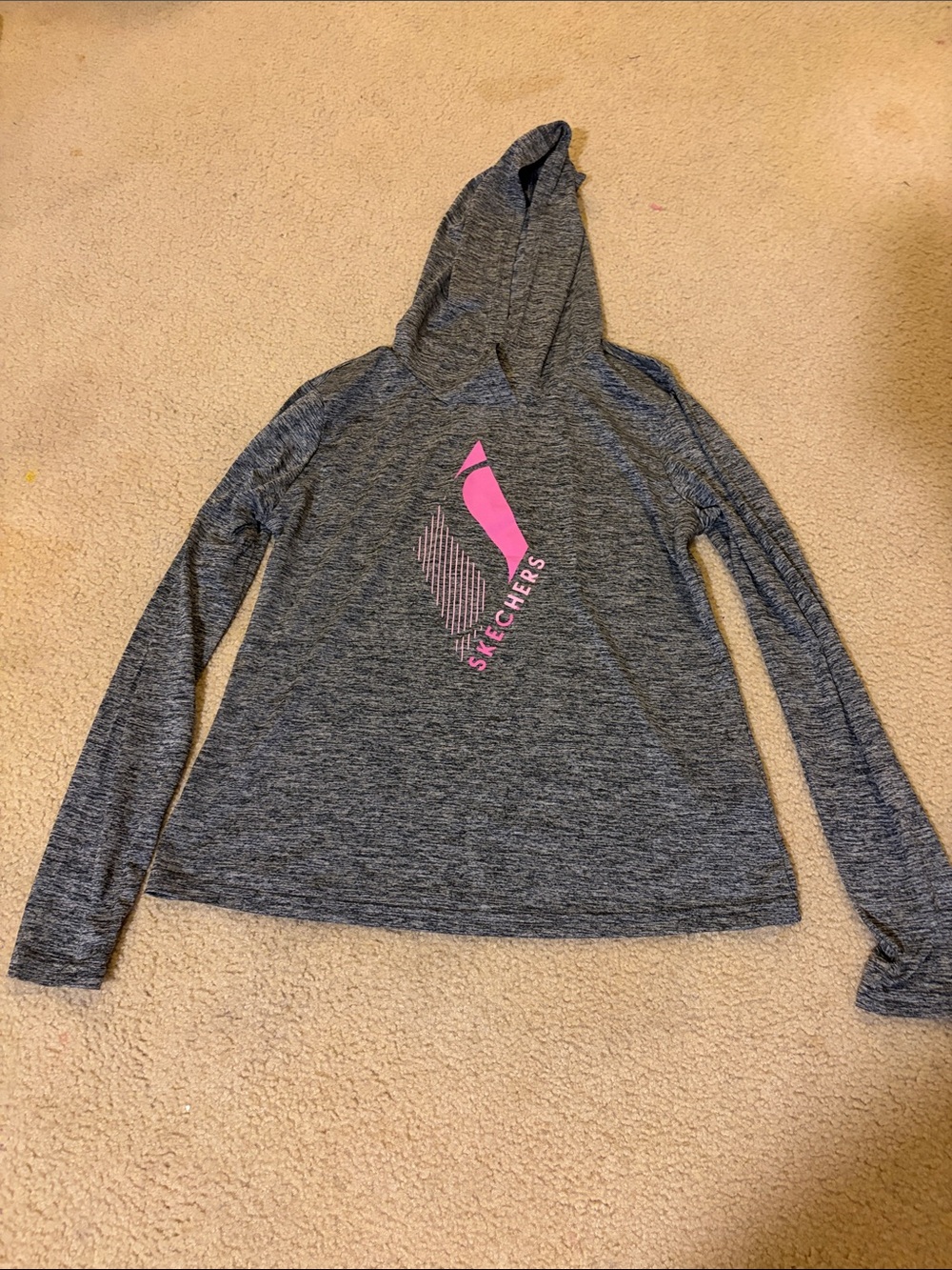 Skechers Women's Heather Gray Hooded Long-Sleeve Top with Pink Logo
